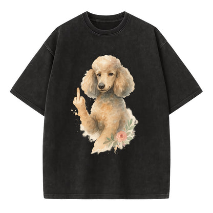 Standard Poodle with curly styled coat, intelligent face, fancy paw giving finger - Vintage T-shirt - Black