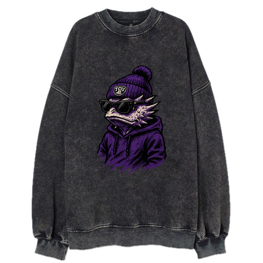 Fort Worth Horned Frog wearing TCU beanie with frog patch - Vintage Sweatshirt - Black