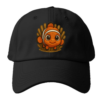 Baby Clownfish - orange with white stripes, big round eyes, front-facing in anemone, - Baseball Cap - Black