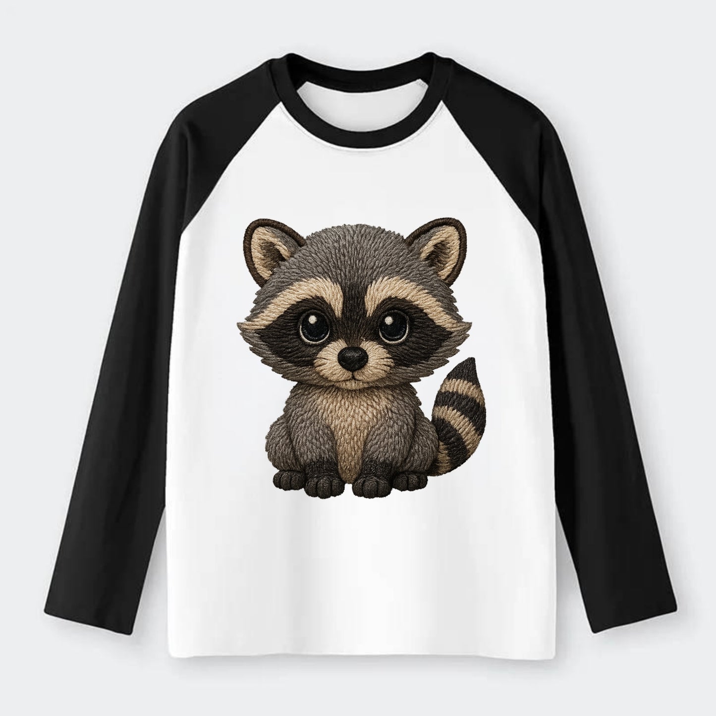 Baby Raccoon - gray fur, black mask, ringed tail, bright curious eyes, - Raglan Long Sleeve T-Shirt - Black