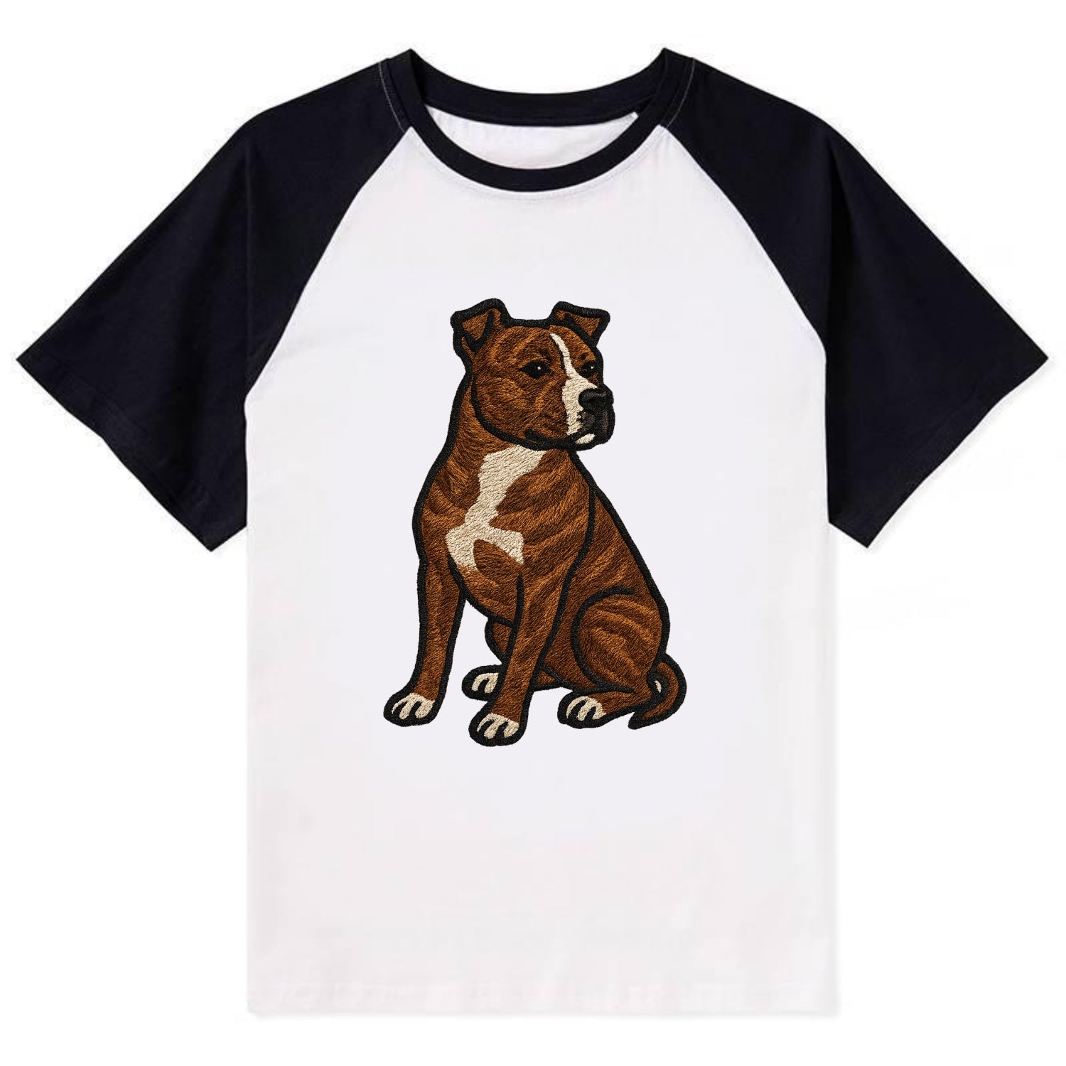 American Staffordshire Terrier - Brindle embroidered pose - Contrast Raglan T-shirt - Black
