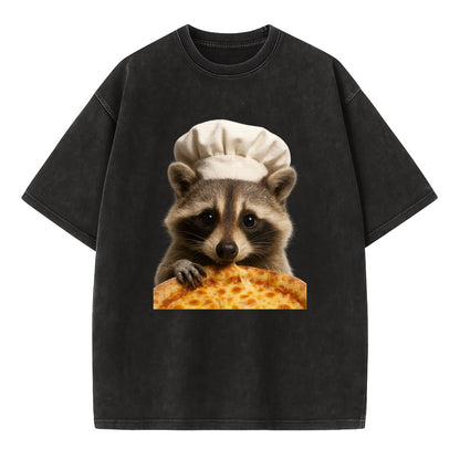Pizza Dad Raccoon  - Vintage T-shirt - Black