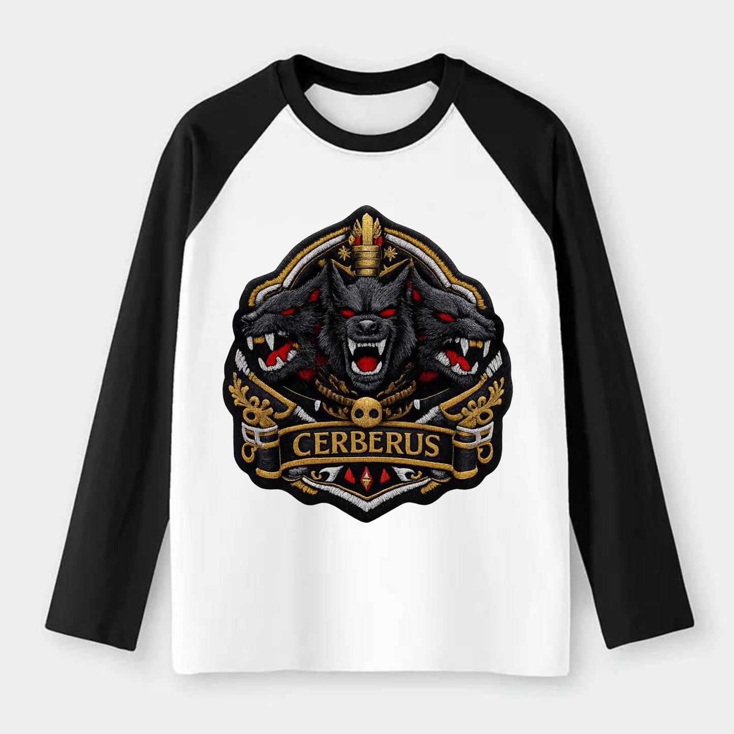 CERBERUS THREE HEADS - triple hound in black and red , underworld - Raglan Long Sleeve T-Shirt - Black