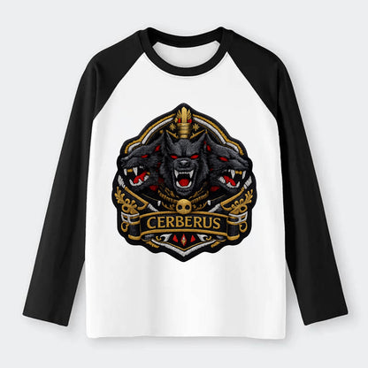 CERBERUS THREE HEADS - triple hound in black and red , underworld - Raglan Long Sleeve T-Shirt - Black