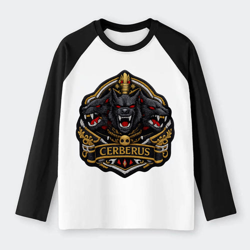 CERBERUS THREE HEADS - triple hound in black and red , underworld - Raglan Long Sleeve T-Shirt
