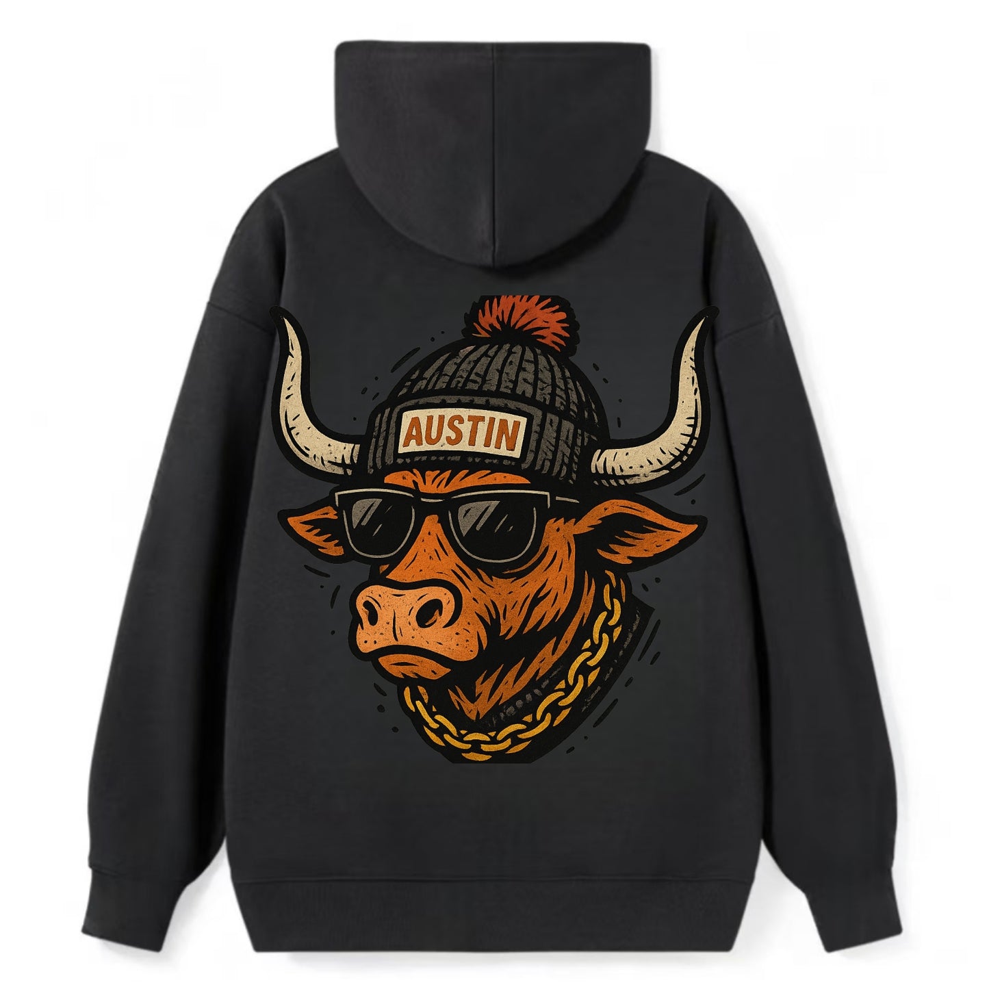 Texas Longhorn wearing Austin beanie with pom pom and wayfarer sunglasses - Classic Pullover Hoodie - Black