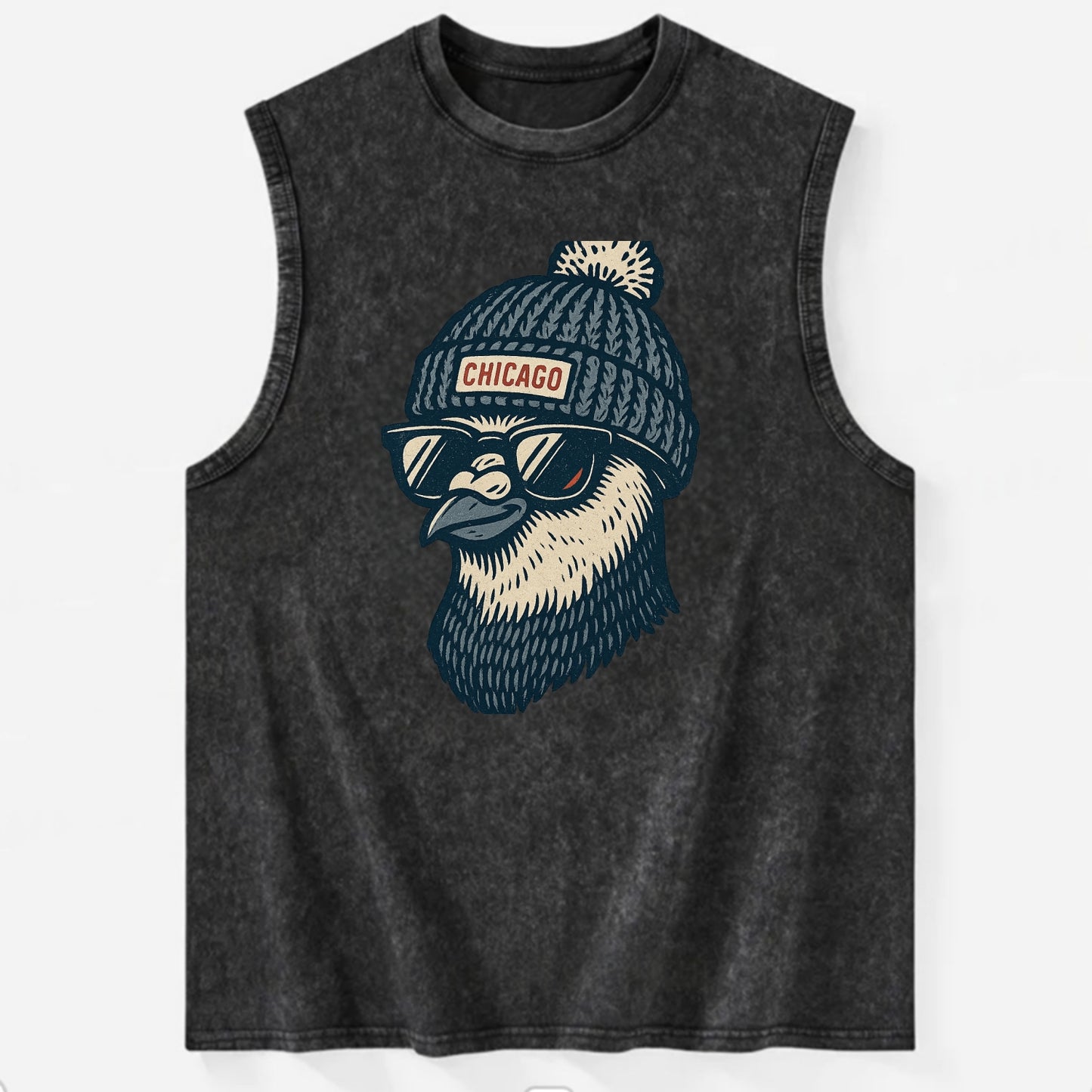 Chicago Pigeon wearing Chicago beanie with pom pom and wayfarer sunglasses - Vintage Washed Tank - Black
