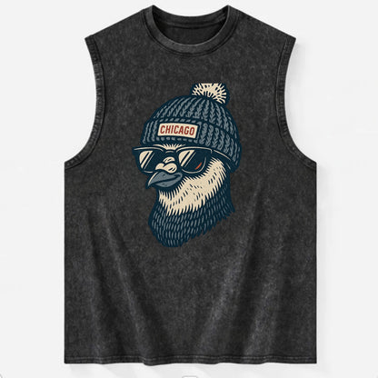 Chicago Pigeon wearing Chicago beanie with pom pom and wayfarer sunglasses - Vintage Washed Tank - Black