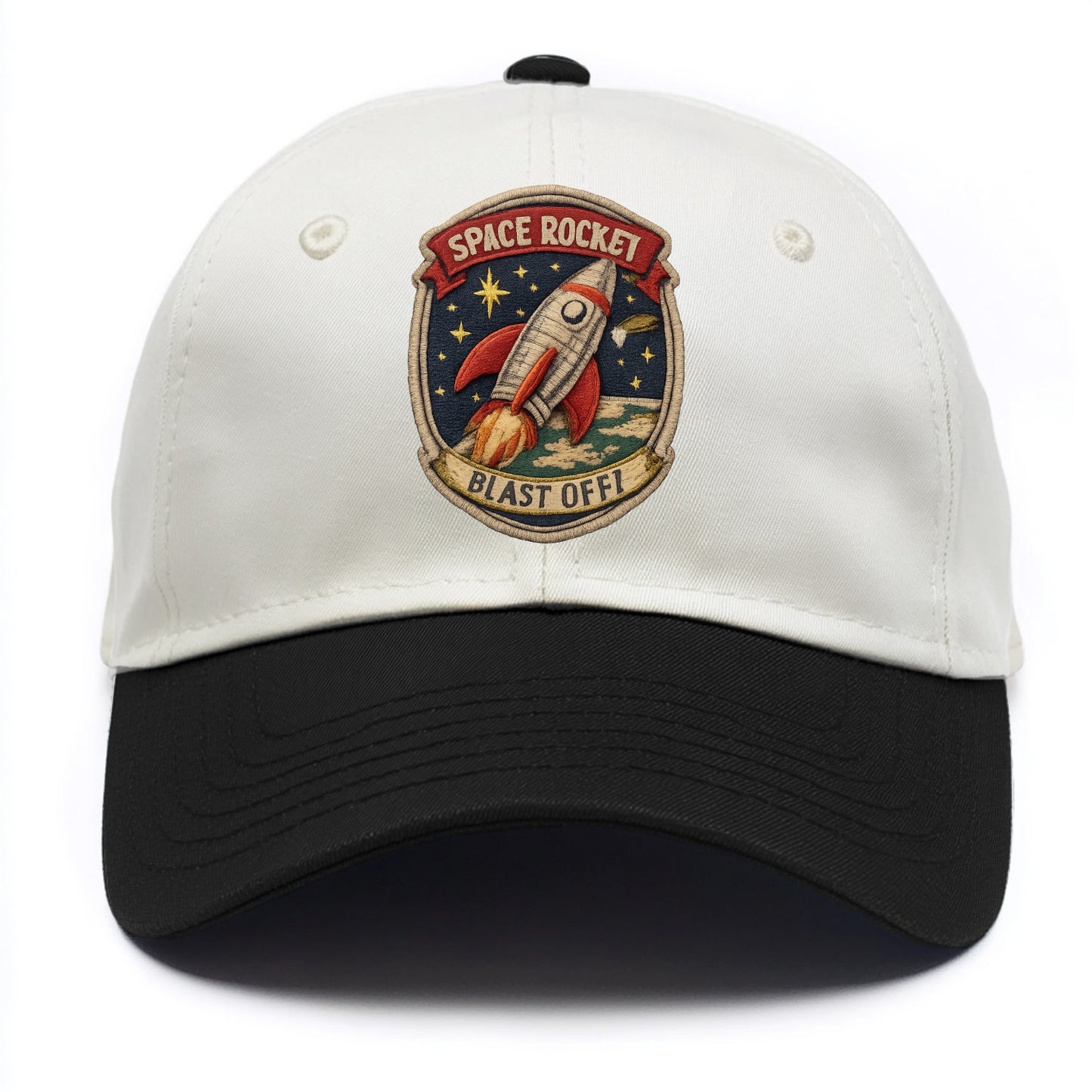 RETRO ROCKET - 1950s space rocket in silver and red , atomic age - Two Tone Cap - Black