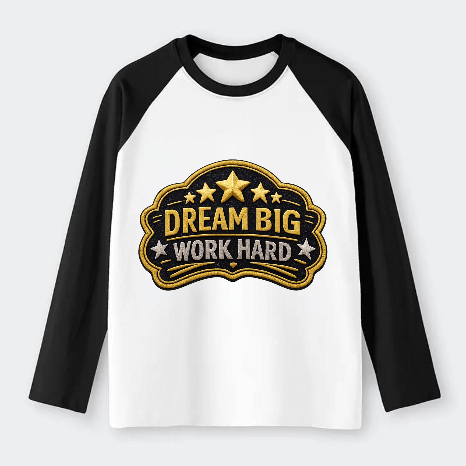 DREAM BIG WORK HARD - stars with text in gold , aspiration - Raglan Long Sleeve T-Shirt - Black
