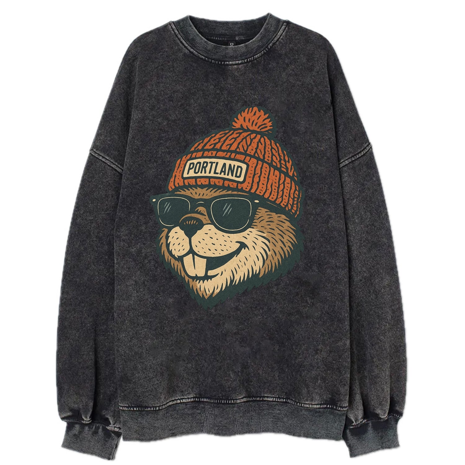 Oregon Beaver wearing Portland beanie with pom pom and wayfarer sunglasses - Vintage Sweatshirt - Black