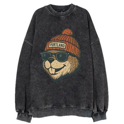 Oregon Beaver wearing Portland beanie with pom pom and wayfarer sunglasses - Vintage Sweatshirt - Black