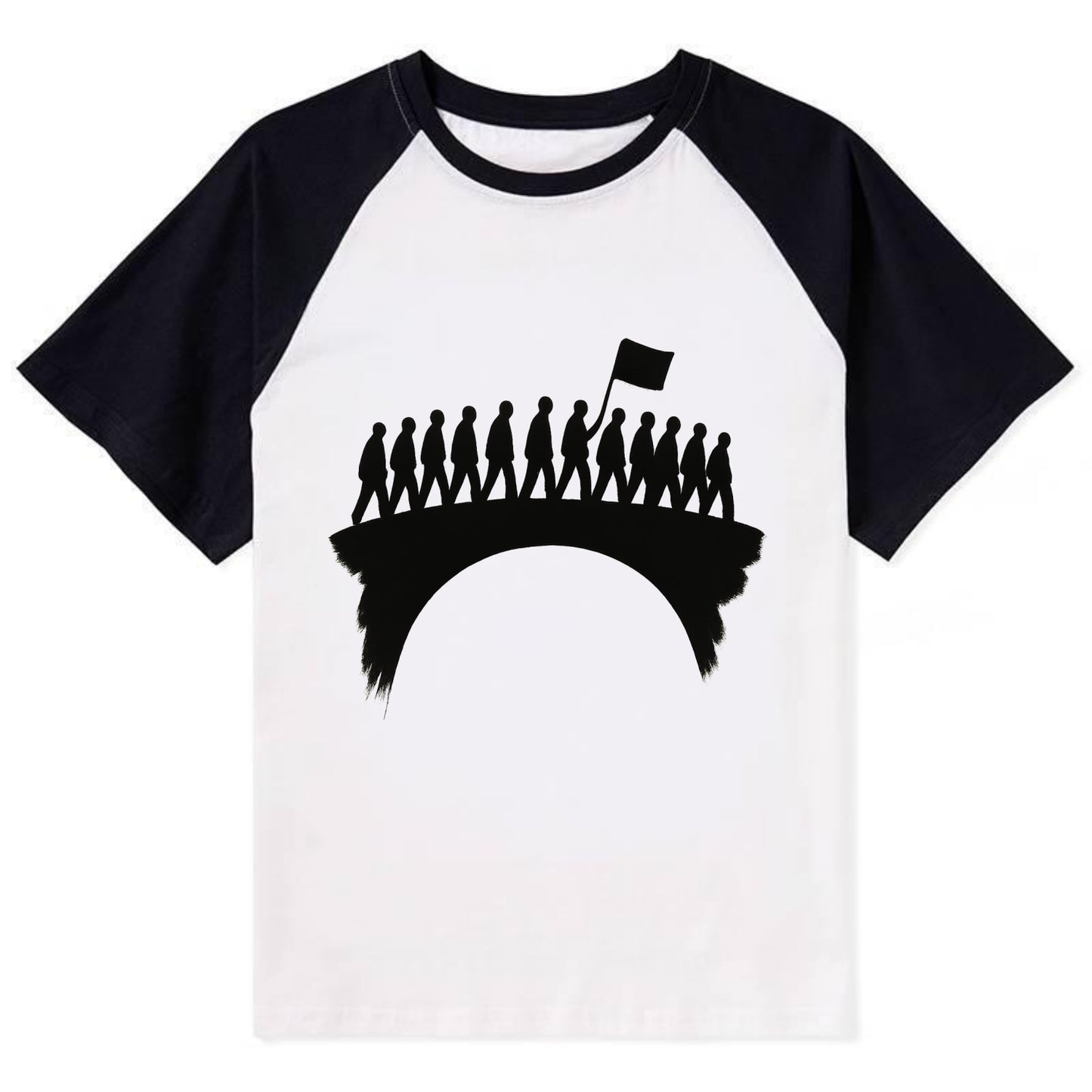 March on bridge silhouette - historic protest ink painting - Contrast Raglan T-shirt - Black