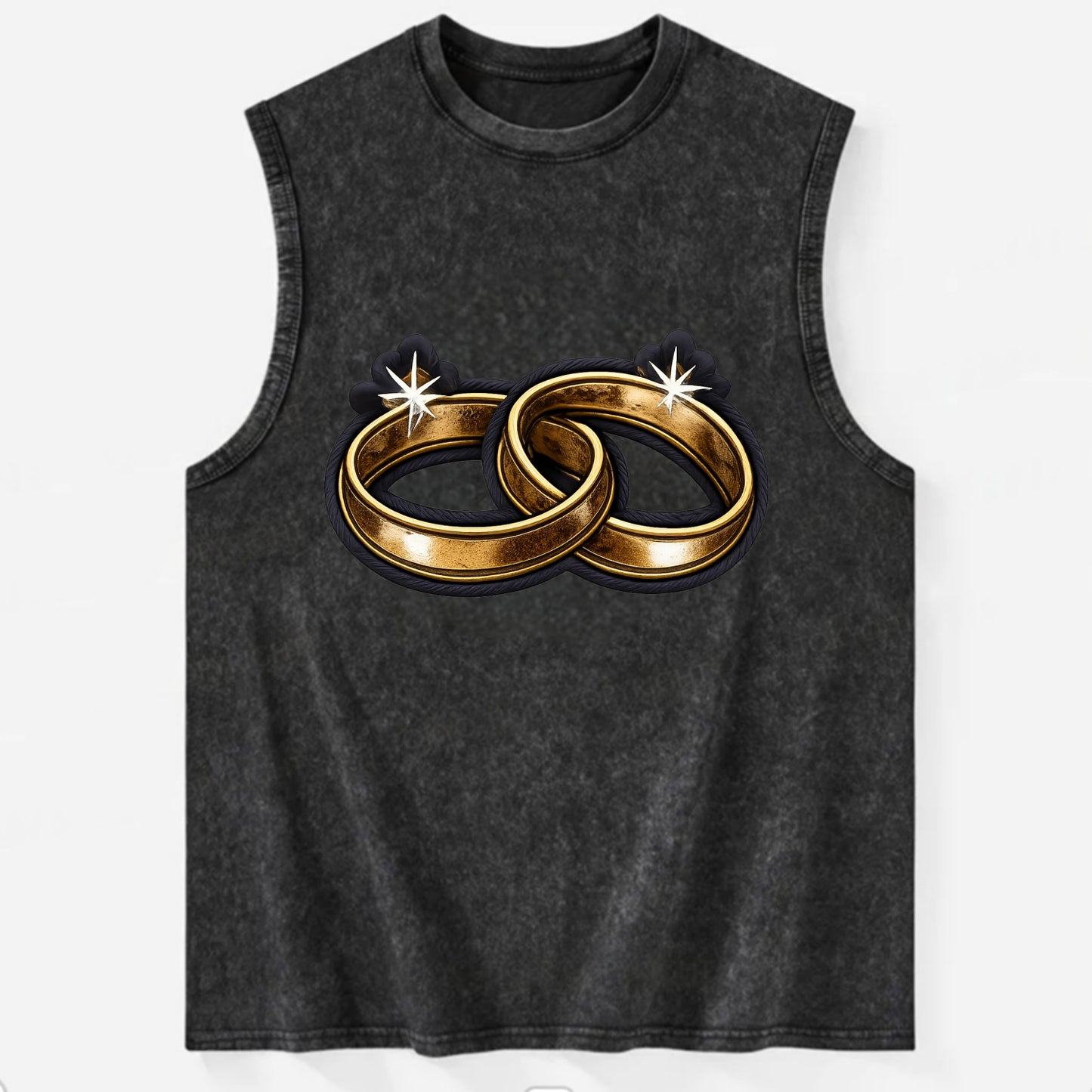 WEDDING RINGS - interlocked bands in gold , marriage - Vintage Washed Tank - Black