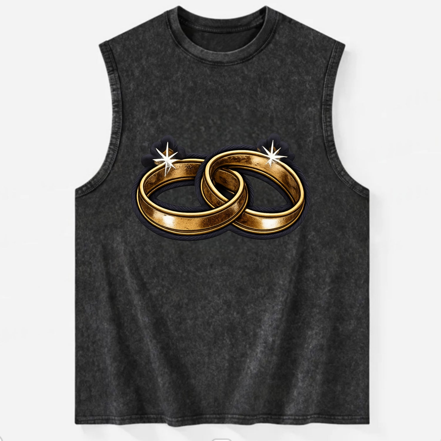 WEDDING RINGS - interlocked bands in gold , marriage - Vintage Washed Tank - Black