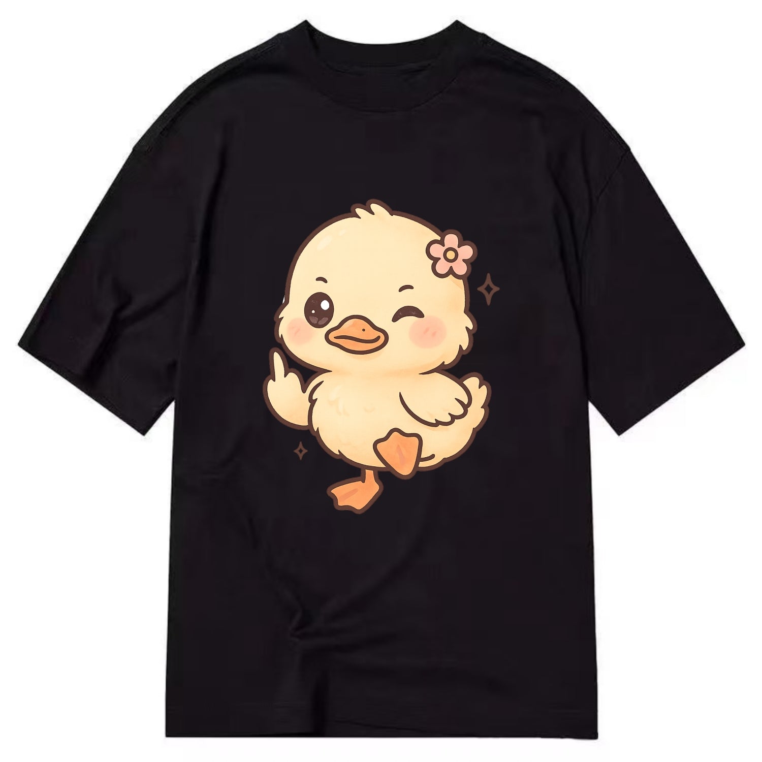 fluffy baby duck with small flower, one webbed foot raised sassily - Classic T-shirt - Black