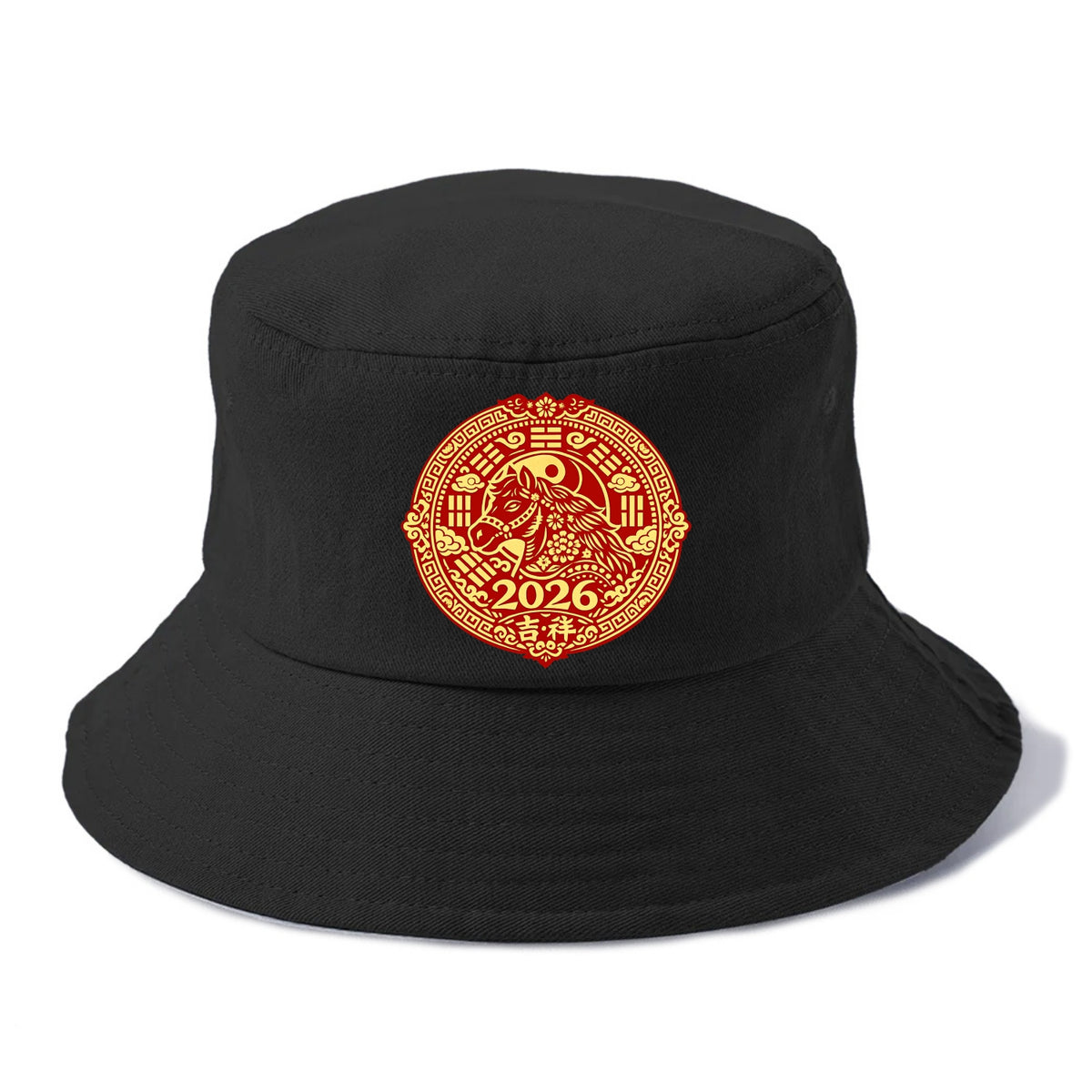 LUCKY HORSE MEDALLION | Circular medallion with horse profile | Intricate Chinese - Bucket Hat - Black