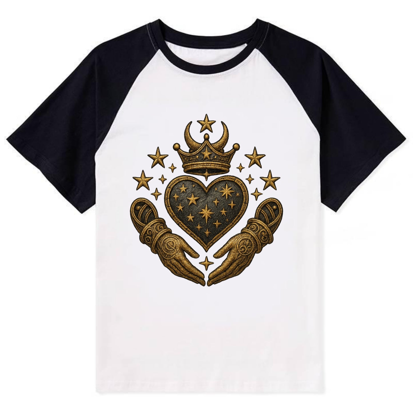 Weathered antique brass crown above a hammered gunmetal heart framed by - Contrast Raglan T-shirt - Black
