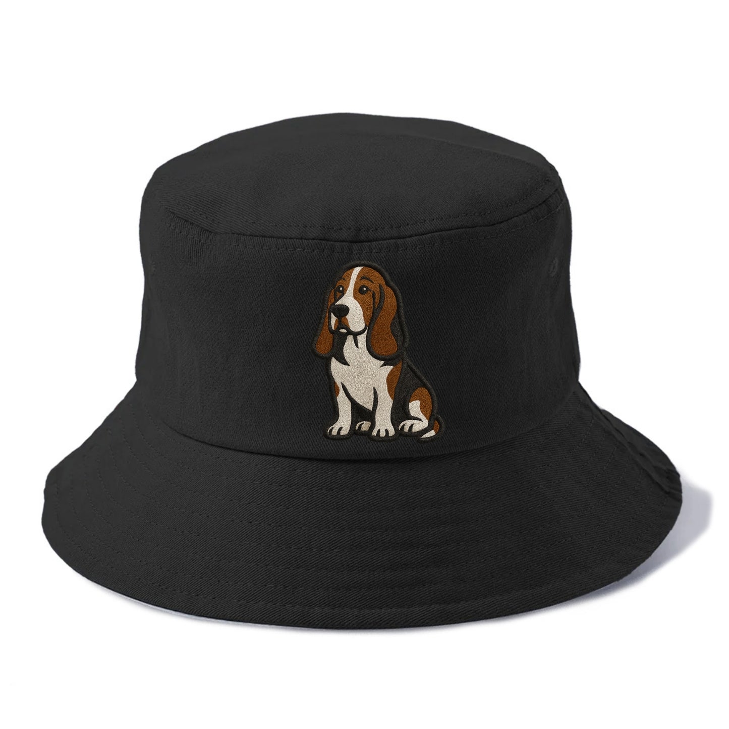 Basset Hound - Tri-color embroidered sit Bucket Hat - Black