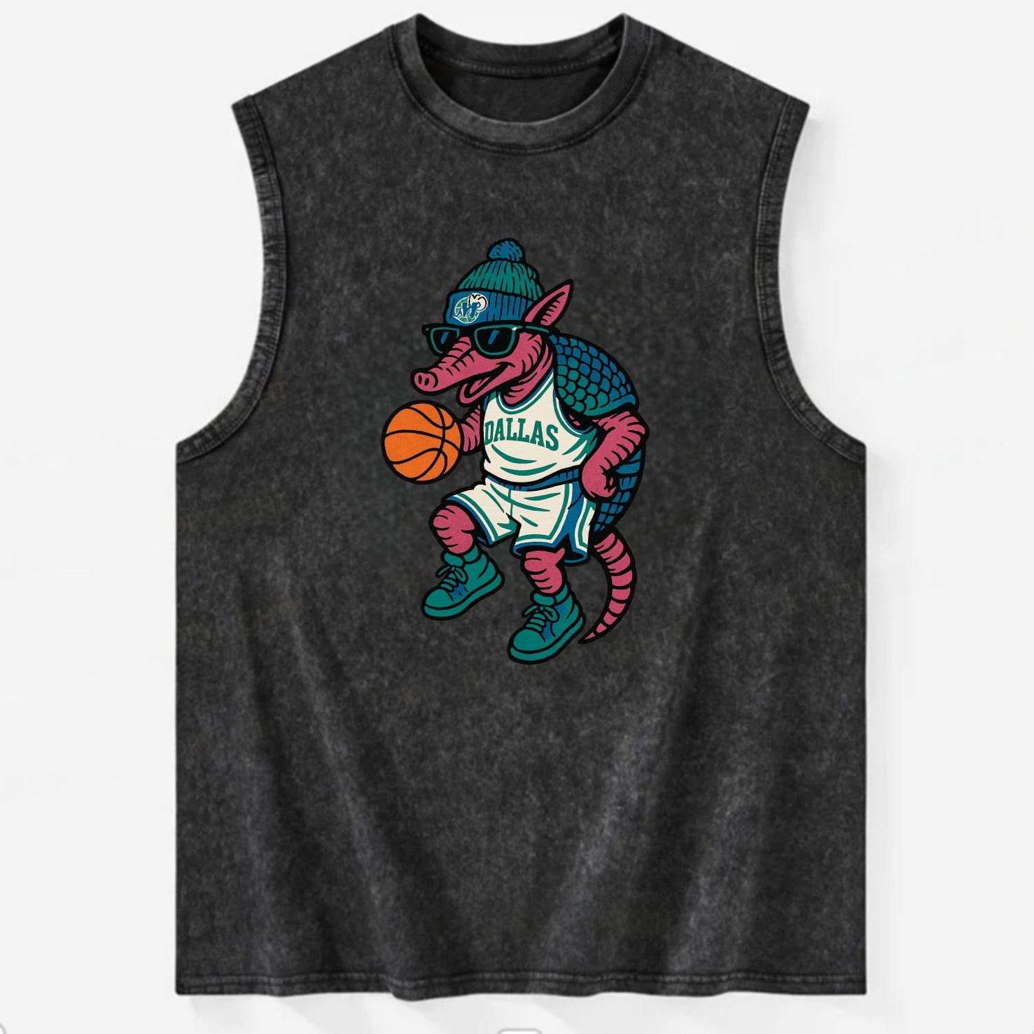 Dallas Armadillo wearing Mavericks beanie with cowboy hat patch and wayfarer - Vintage Washed Tank - Black