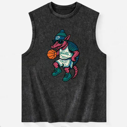 Dallas Armadillo wearing Mavericks beanie with cowboy hat patch and wayfarer - Vintage Washed Tank