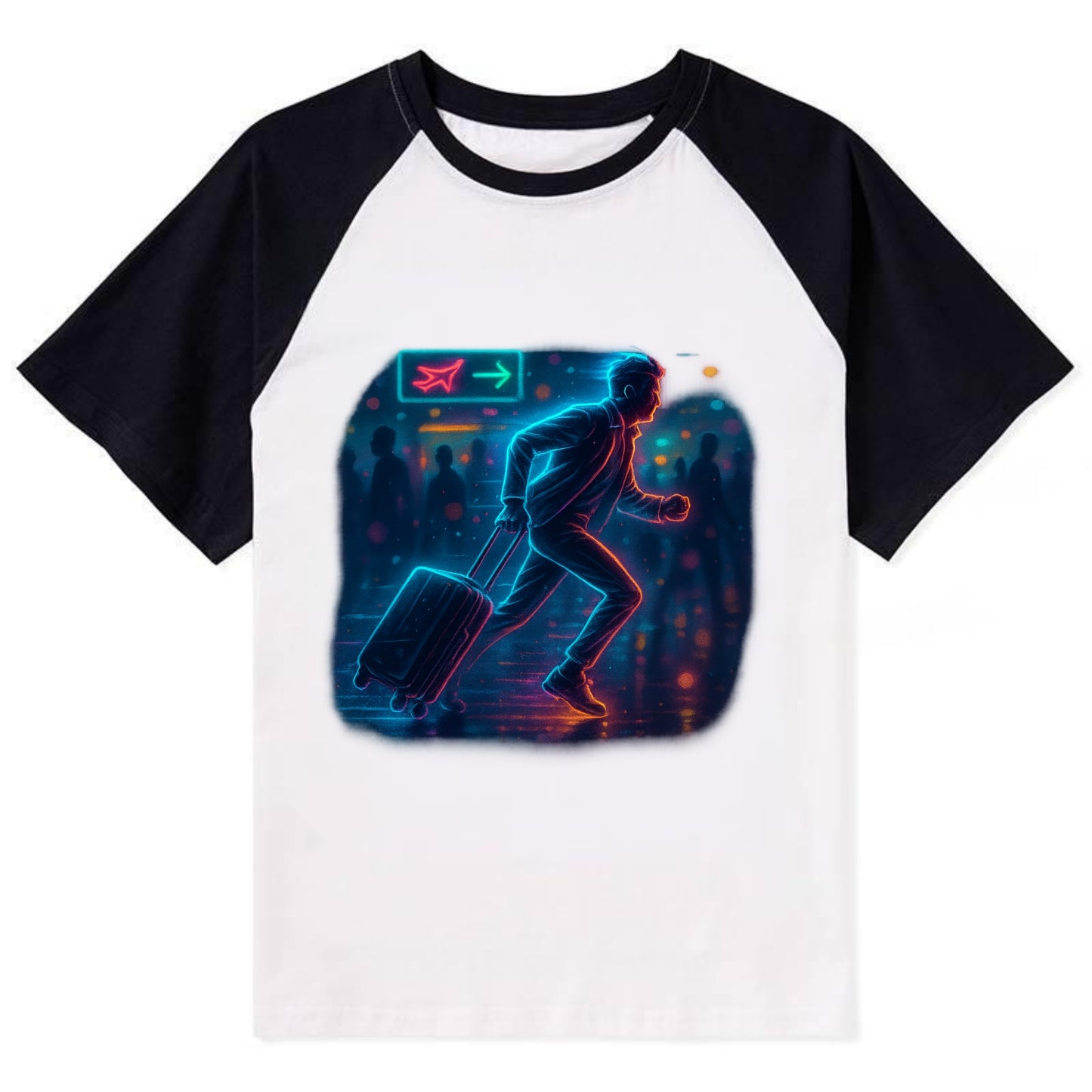 person running with luggage through crowded airport terminal - Contrast Raglan T-shirt - Black