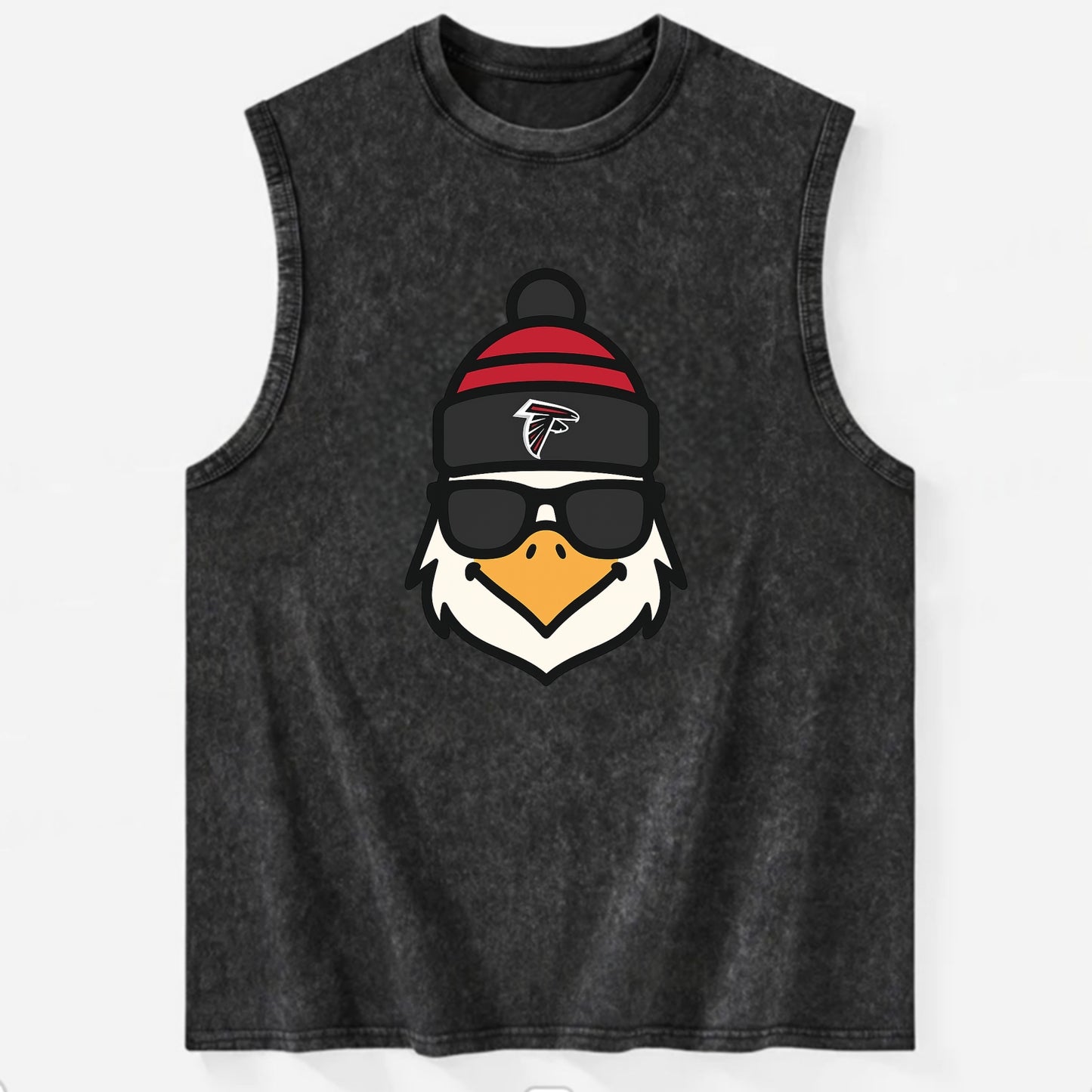 Atlanta Falcon wearing Falcons red and black beanie with pom pom and wayfarer - Vintage Washed Tank - Black