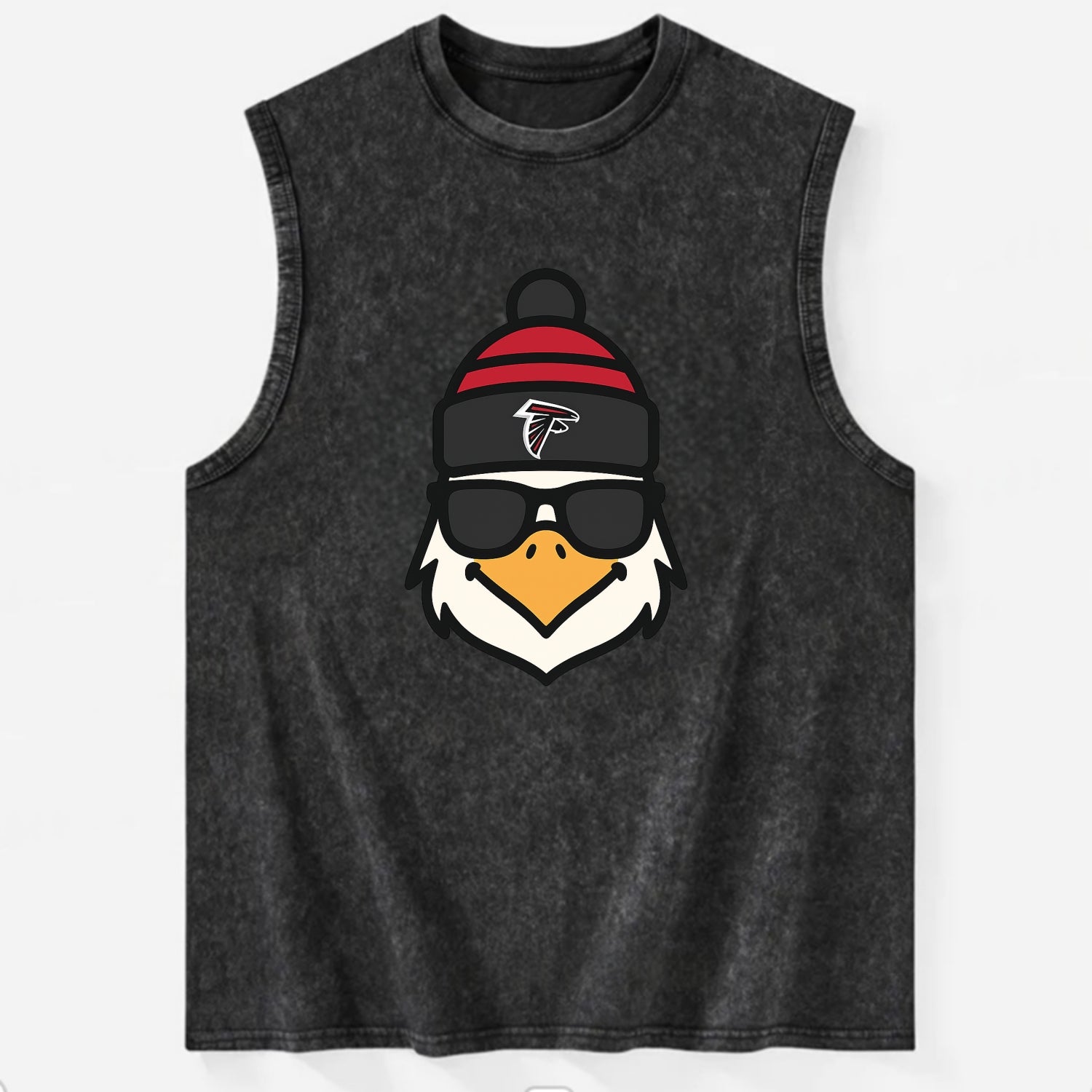 Atlanta Falcon wearing Falcons red and black beanie with pom pom and wayfarer - Vintage Washed Tank - Black