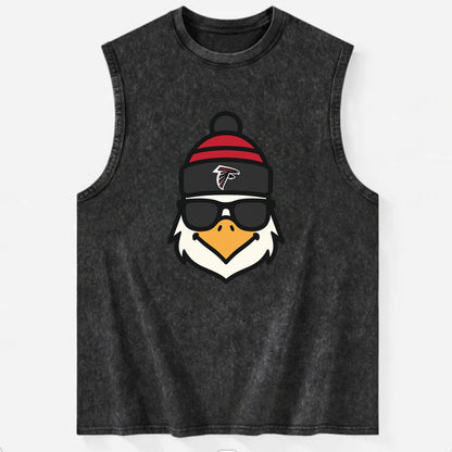 Atlanta Falcon wearing Falcons red and black beanie with pom pom and wayfarer - Vintage Washed Tank - Black