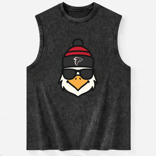 Atlanta Falcon wearing Falcons red and black beanie with pom pom and wayfarer - Vintage Washed Tank - Black