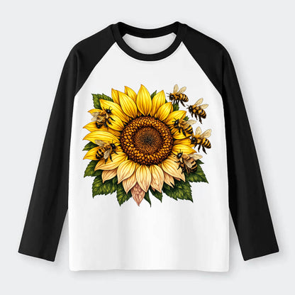 Vintage Sunflower - Raglan Long Sleeve T-Shirt - Black