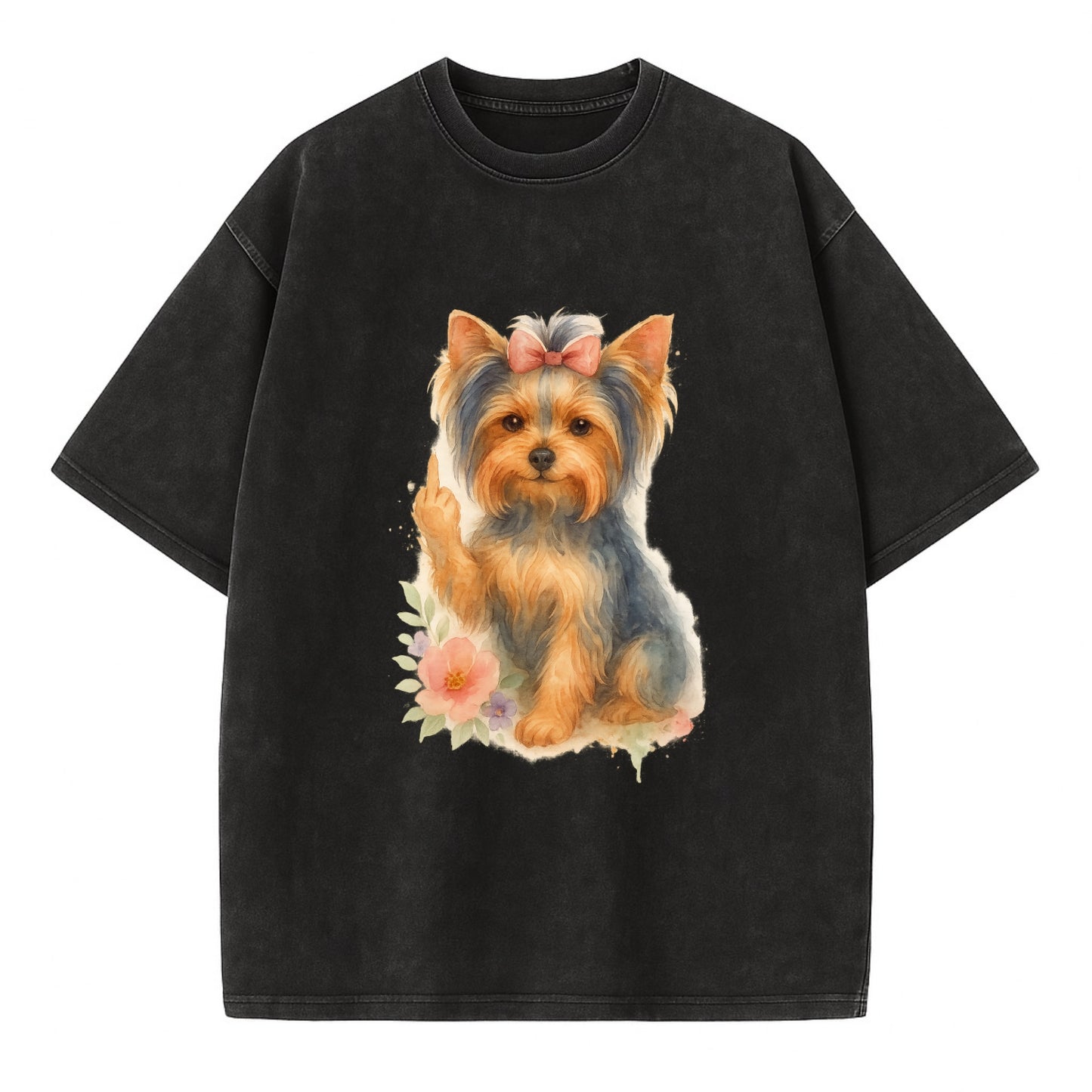 Yorkshire Terrier with topknot bow, one delicate paw flipping off - Vintage T-shirt - Black
