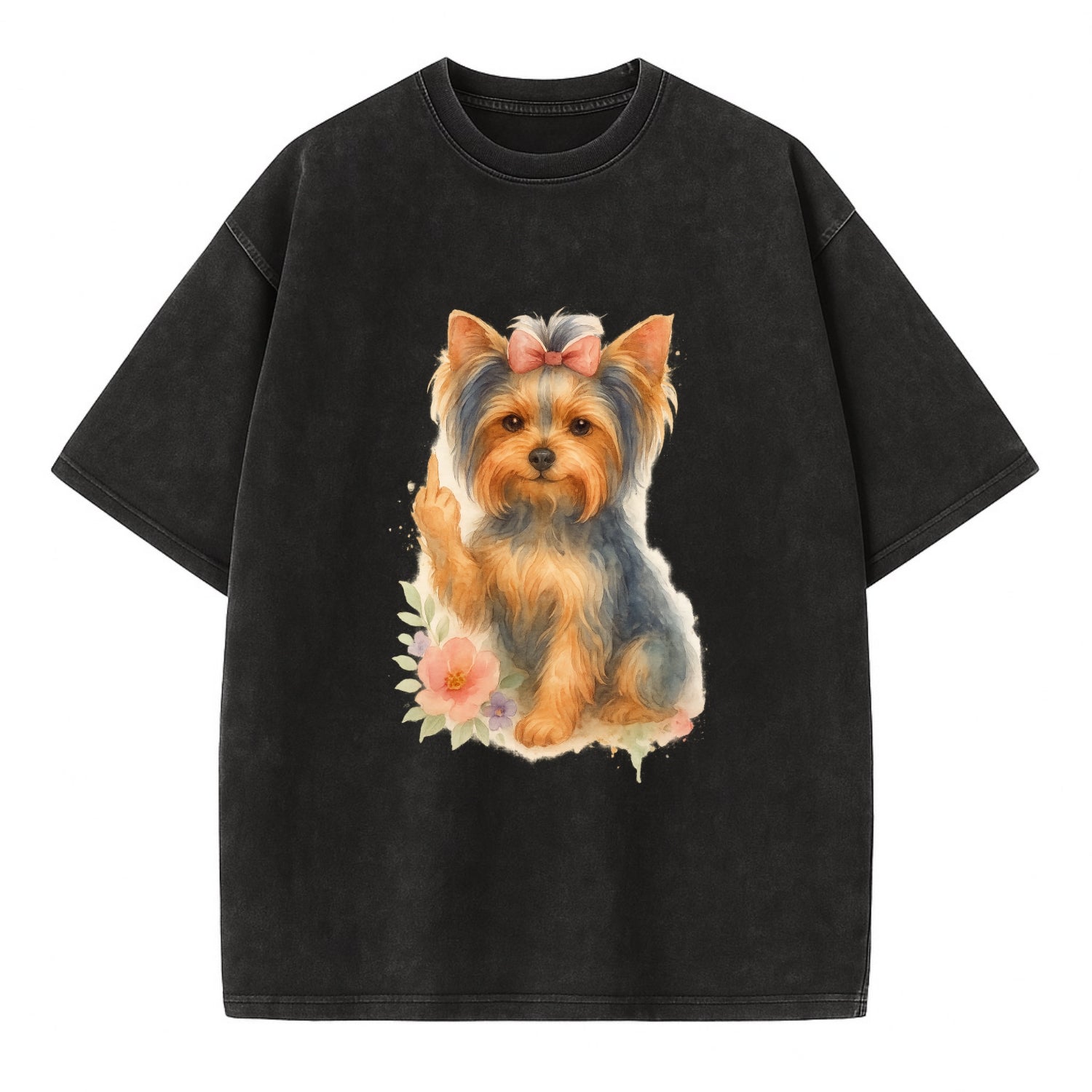 Yorkshire Terrier with topknot bow, one delicate paw flipping off - Vintage T-shirt - Black