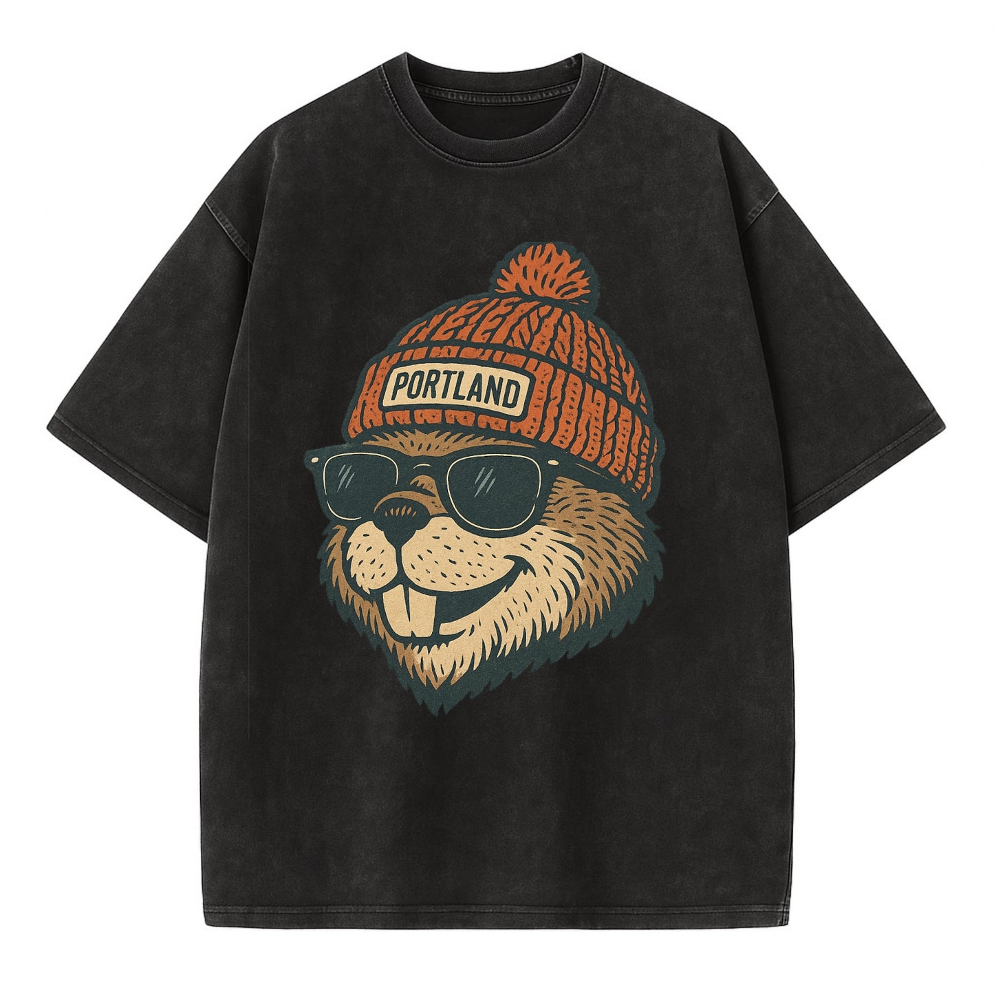 Oregon Beaver wearing Portland beanie with pom pom and wayfarer sunglasses - Vintage T-shirt - Black