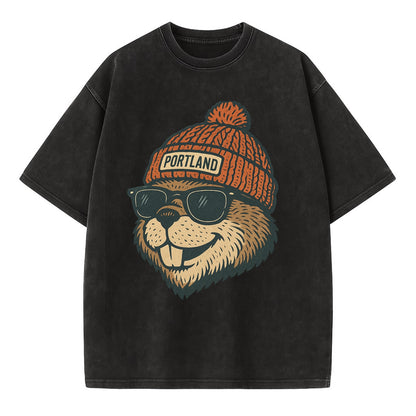 Oregon Beaver wearing Portland beanie with pom pom and wayfarer sunglasses - Vintage T-shirt - Black