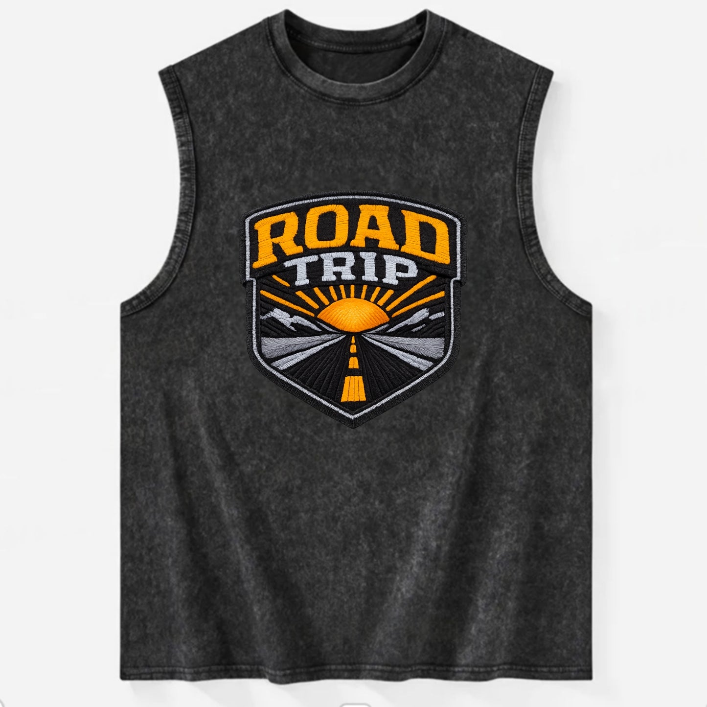 ROAD TRIP - highway and sun in orange and gray , open road - Vintage Washed Tank - Black