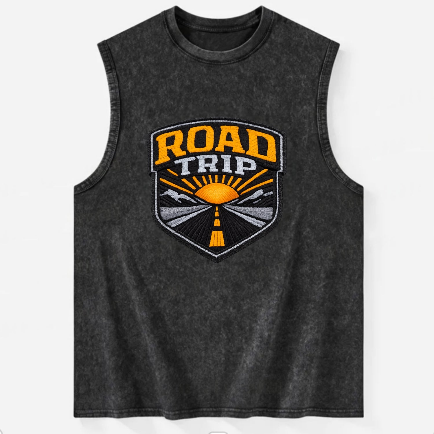 ROAD TRIP - highway and sun in orange and gray , open road - Vintage Washed Tank - Black