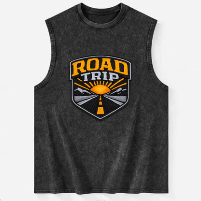 ROAD TRIP - highway and sun in orange and gray , open road - Vintage Washed Tank - Black
