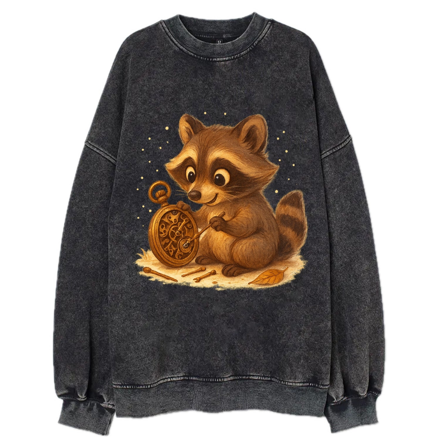 Raccoon tinkering with a steampunk pocket watch using tiny brass tools - Vintage Sweatshirt - Black
