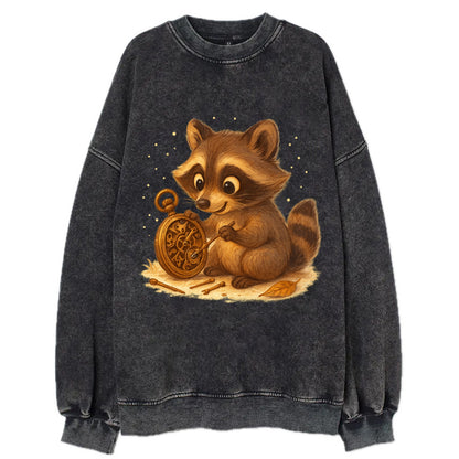 Raccoon tinkering with a steampunk pocket watch using tiny brass tools - Vintage Sweatshirt - Black