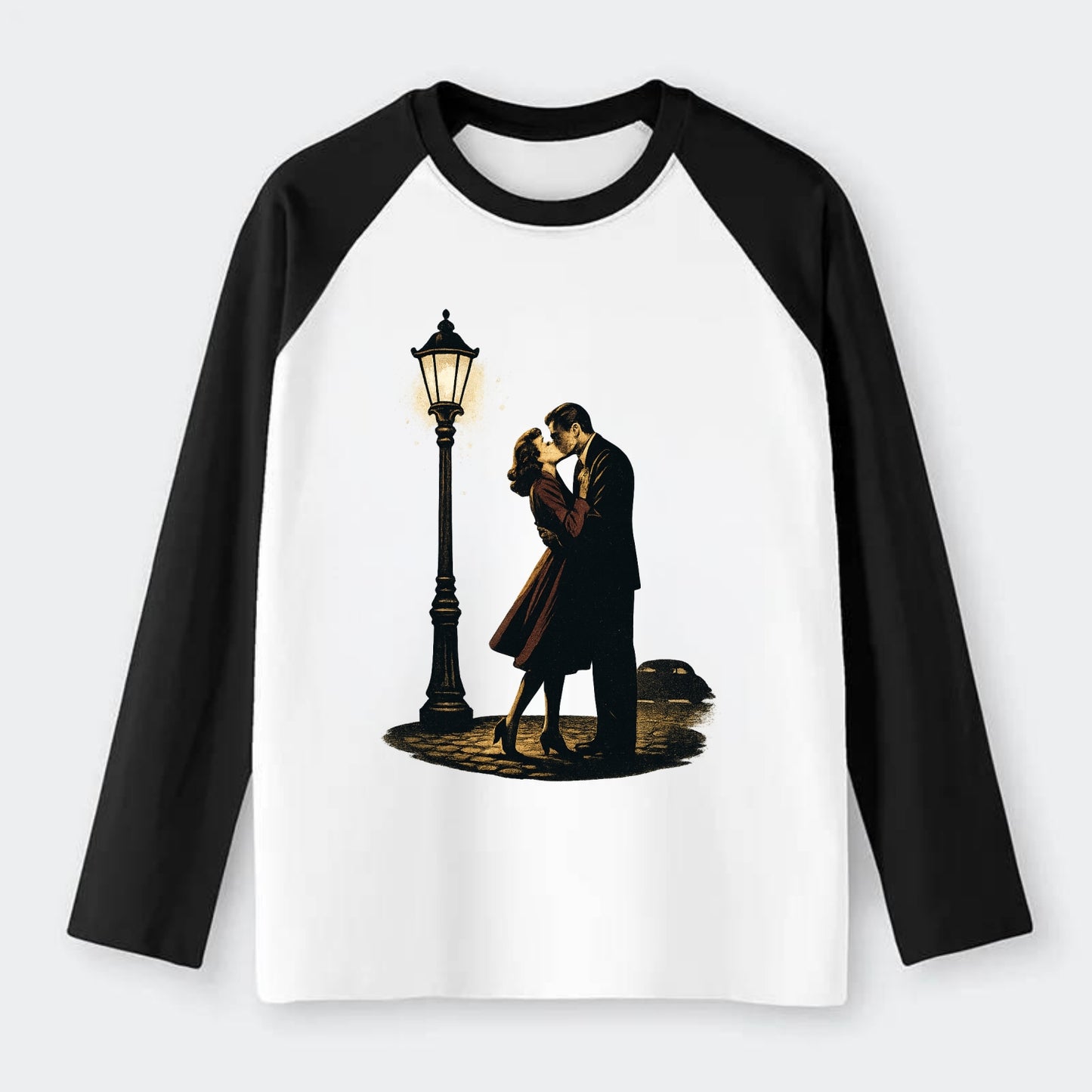 first kiss under vintage street lamp on cobblestone at night - Raglan Long Sleeve T-Shirt - Black