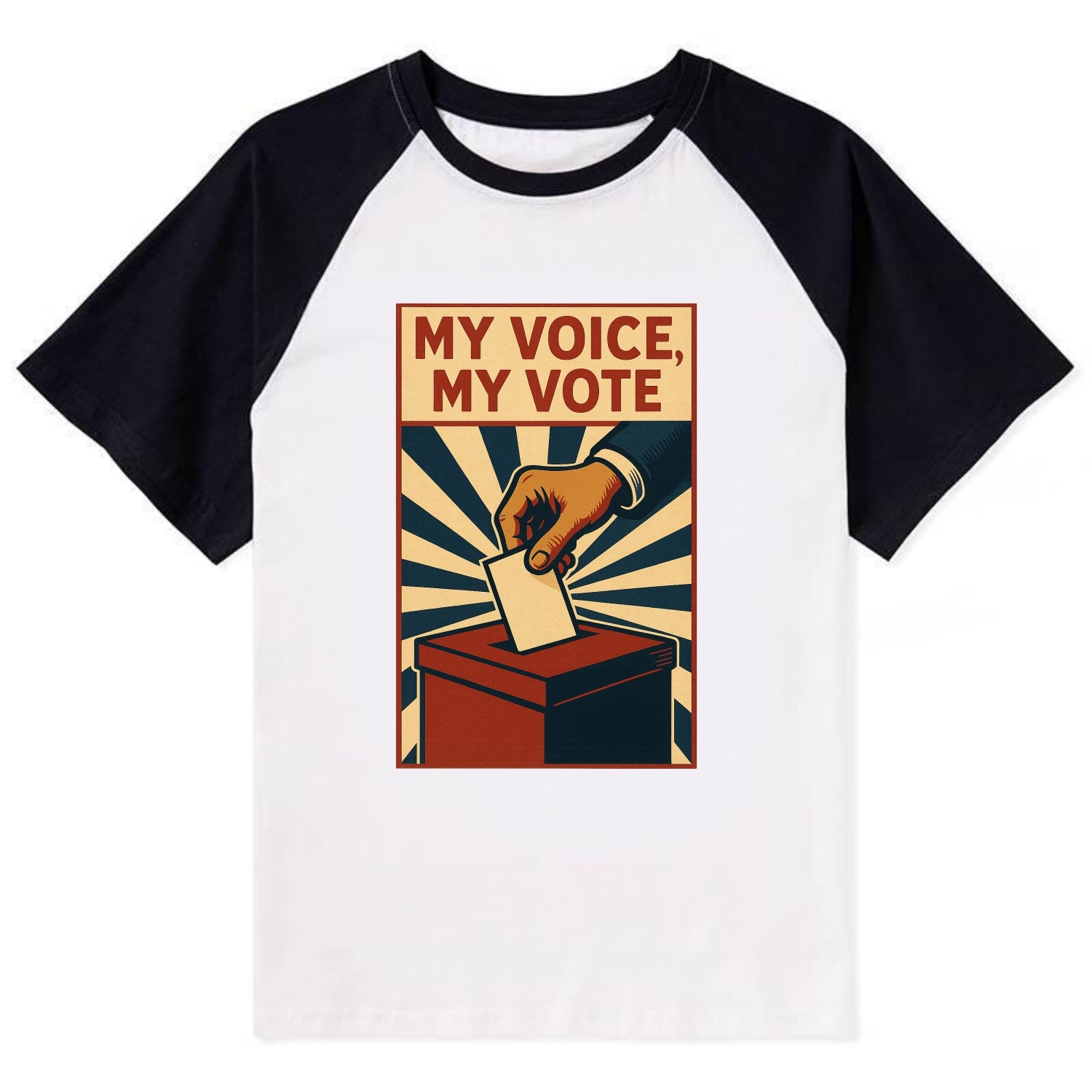 Hand dropping ballot into box with determination - "My Voice, My Vote" - - Contrast Raglan T-shirt - Black