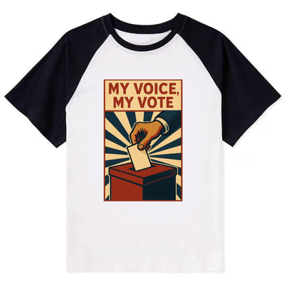 Hand dropping ballot into box with determination - "My Voice, My Vote" - - Contrast Raglan T-shirt - Black