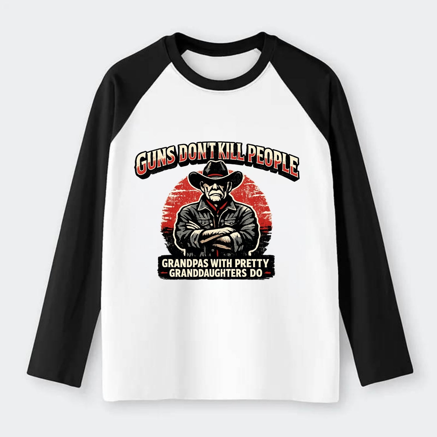 Grandpas Pretty Granddaughters - Cowboy - Raglan Long Sleeve T-Shirt - Black