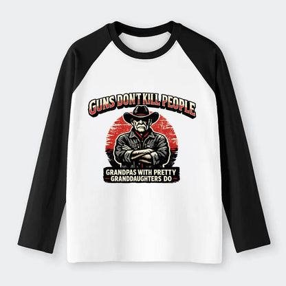 Grandpas Pretty Granddaughters - Cowboy - Raglan Long Sleeve T-Shirt - Black