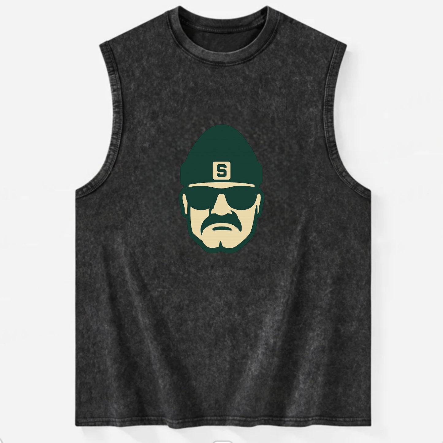 East Lansing Spartan wearing Michigan State beanie with S patch - Vintage Washed Tank - Black