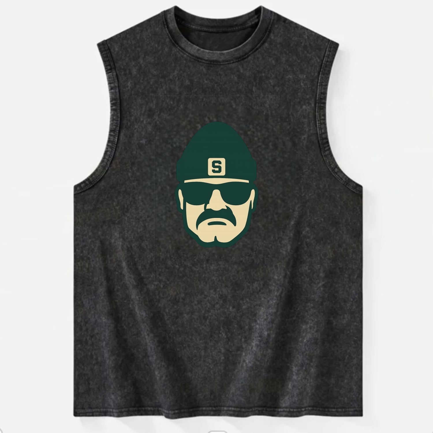 East Lansing Spartan wearing Michigan State beanie with S patch - Vintage Washed Tank - Black