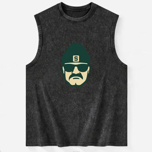 East Lansing Spartan wearing Michigan State beanie with S patch - Vintage Washed Tank - Black
