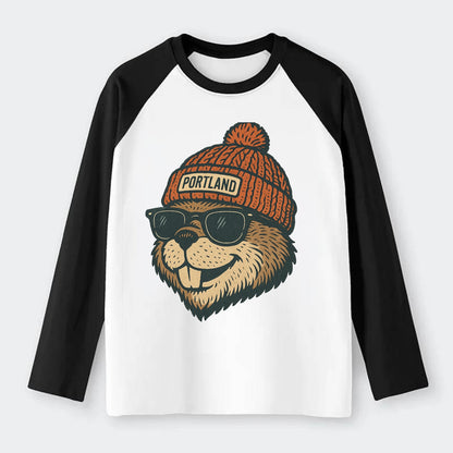 Oregon Beaver wearing Portland beanie with pom pom and wayfarer - Raglan Long Sleeve T-Shirt - Black