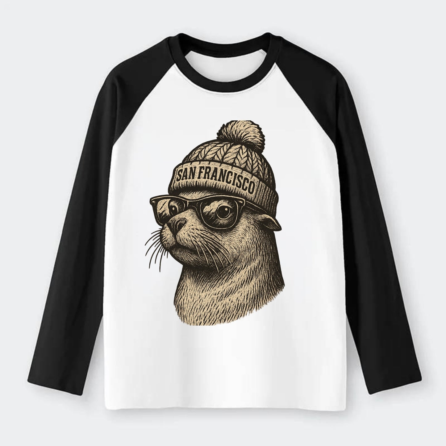 San Francisco Sea Lion wearing San Francisco beanie with pom pom and - Raglan Long Sleeve T-Shirt - Black